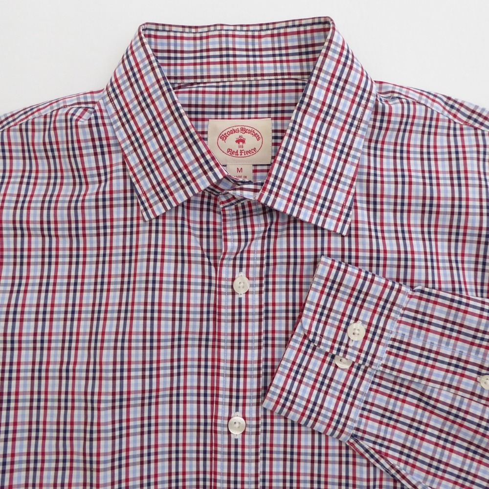 Brooks Brothers Red Fleece Mens Medium Button Down Shirt Red Blue Plaid Medium